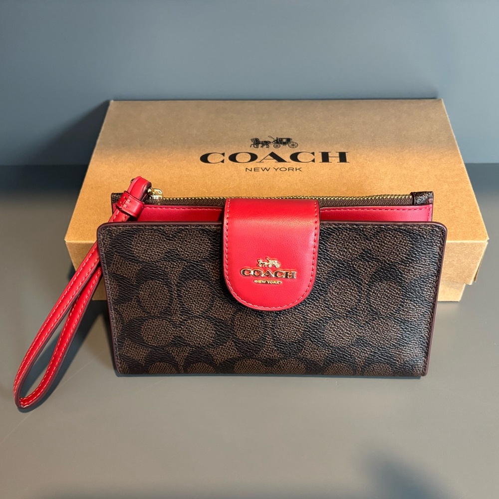 Coach Signature Red and Brown Wristlet